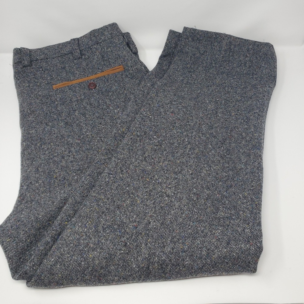 Orvis Wool Pants Mens 42 57EY Gray Donegal Tweed Suede Trim Trousers 42 x 29